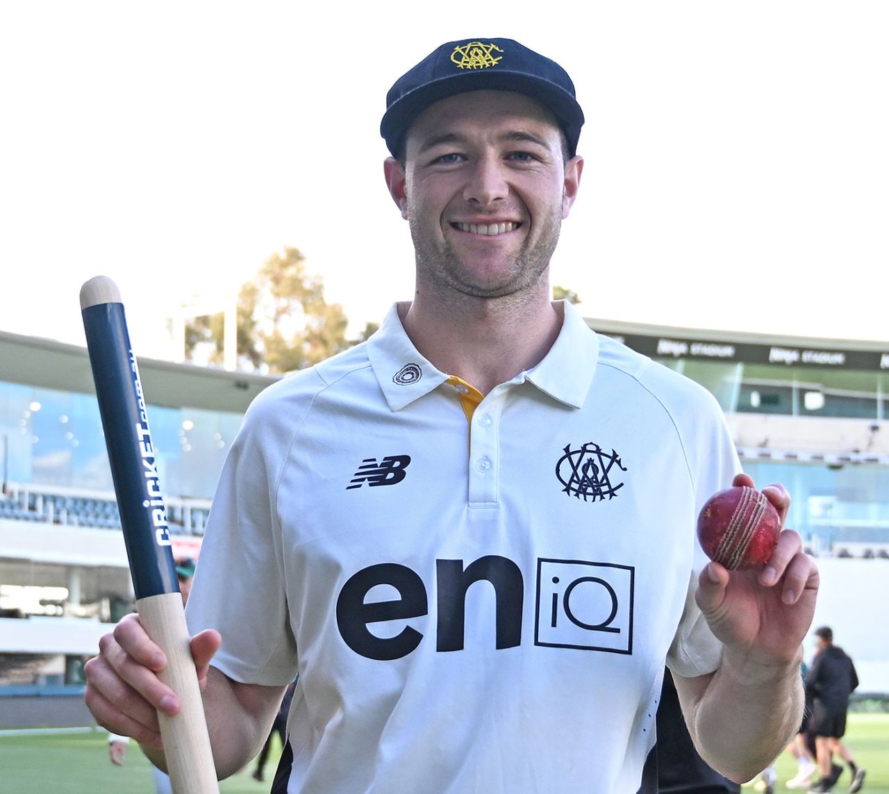 Brody Couch poses with his hat-trick ball, Tasmania vs Western Australia, Sheffield Shield, Hobart, November 4, 2024