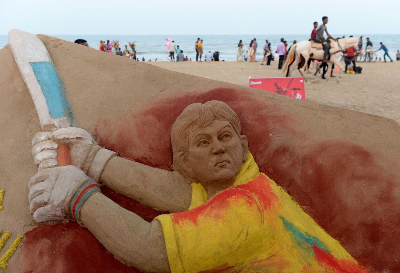 A sand sculpture depicting MS Dhoni on Elliot's Beach, Chennai, May 10, 2019