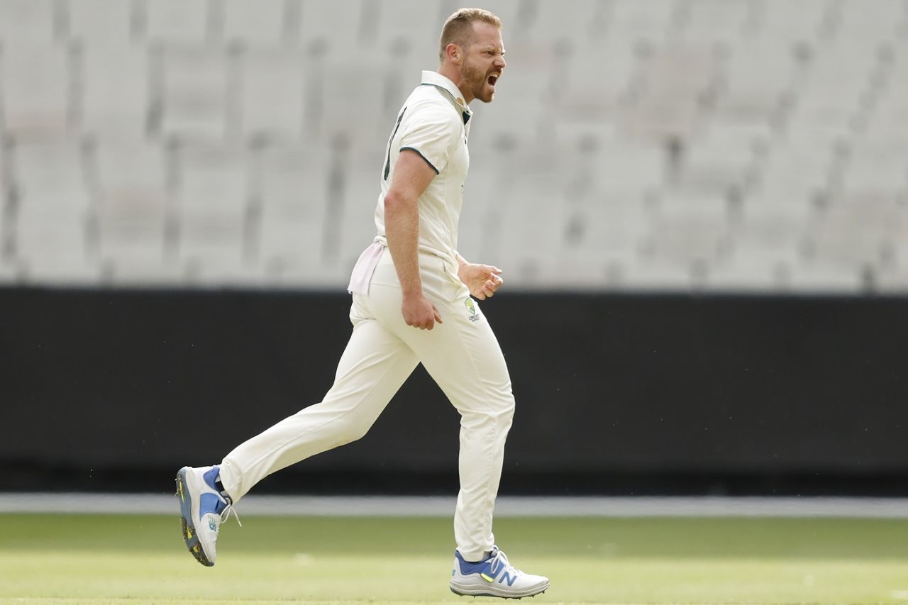 Nathan McAndrew is pumped after removing Abhimanyu Easwaran, Australia A vs India A, 2nd four-day game, MCG, November 8, 2024