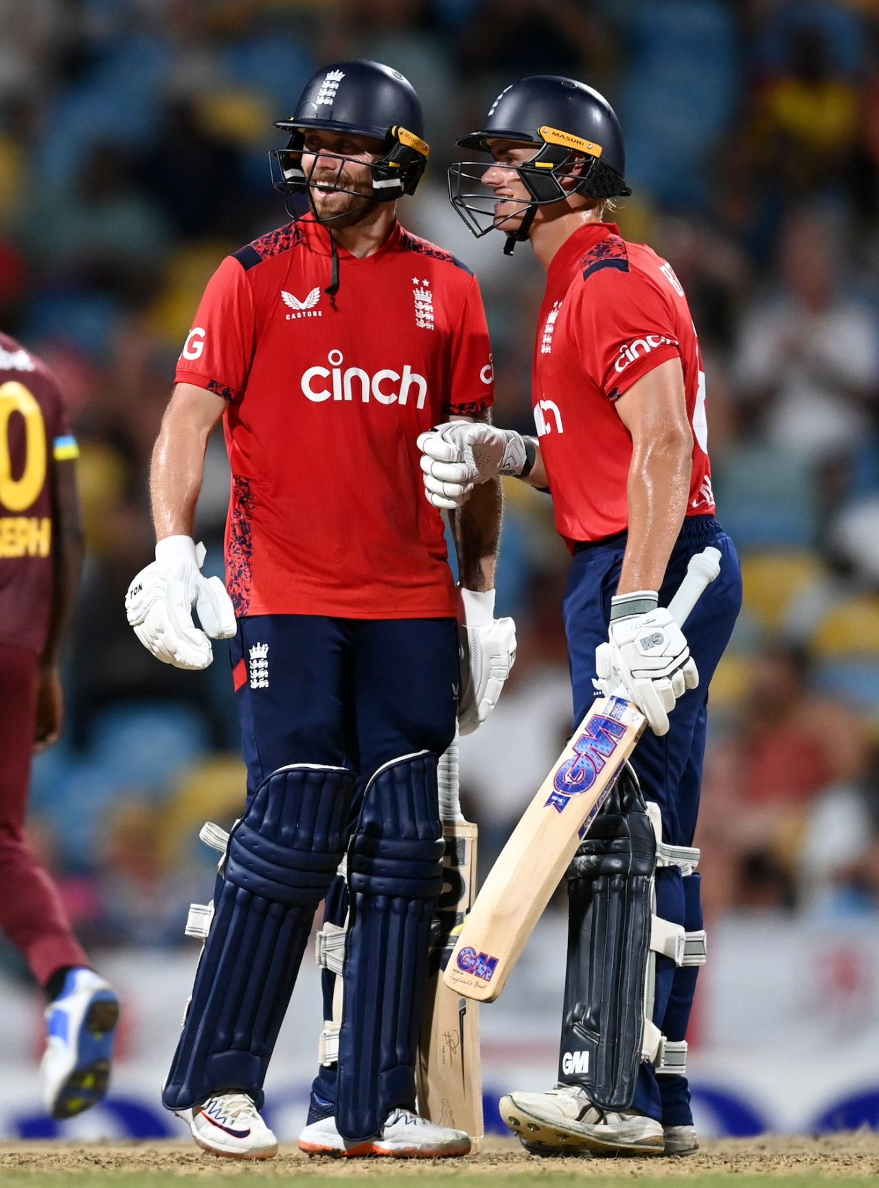 Phil Salt and Jacob Bethell share a laugh during their partnership, West Indies vs England, 1st T20I, Barbados, November 9, 2024