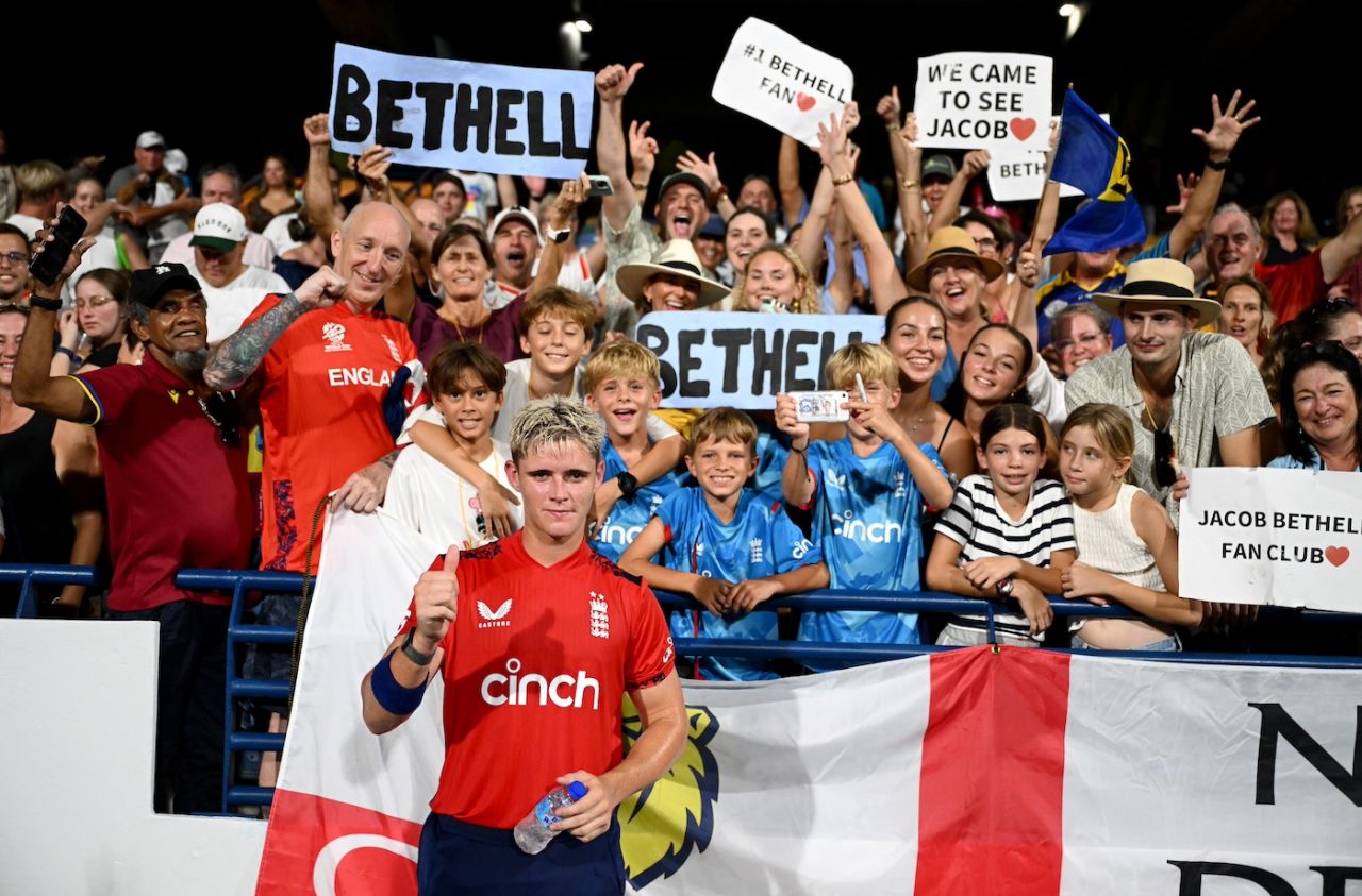 Jacob Bethell poses in front of his family, friends and fans, West Indies vs England, 1st T20I, Barbados, November 9, 2024