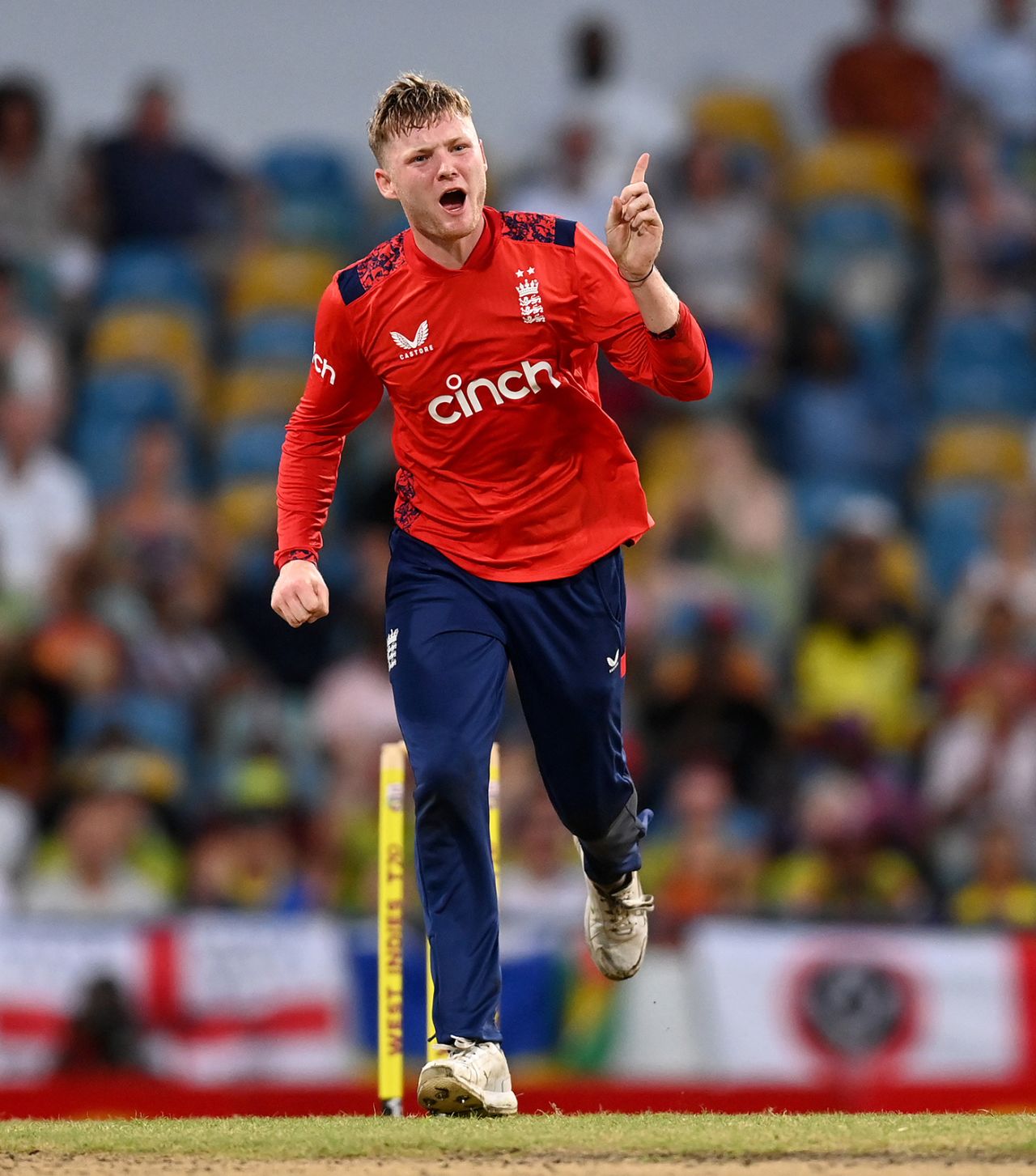 Dan Mousley celebrates his maiden international wicket, West Indies vs England, 2nd T20I, Barbados, November 10, 2024
