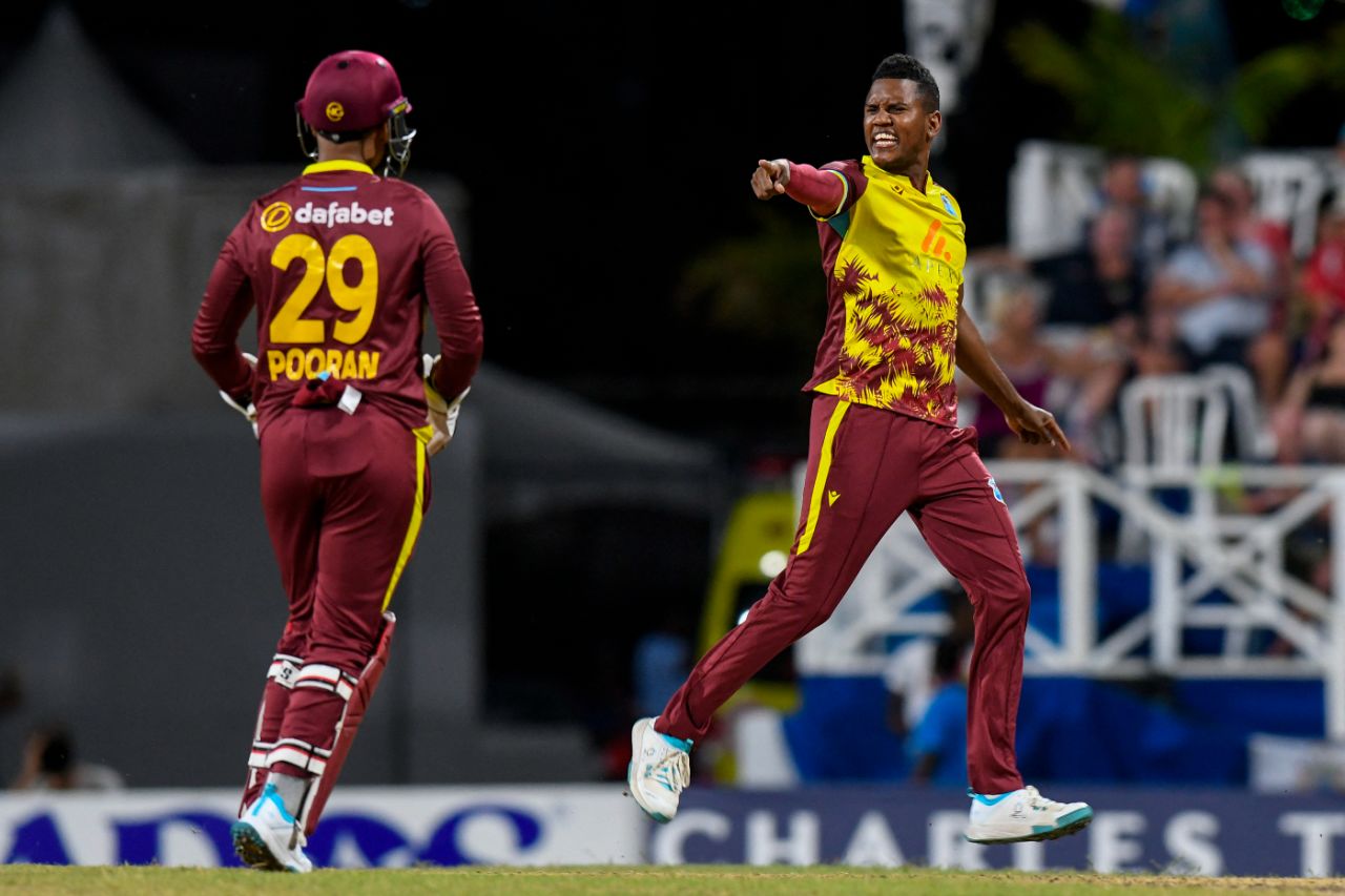 Akeal Hosein dismissed Phil Salt with the first ball of England's chase, West Indies vs England, 2nd T20I, Barbados, November 10, 2024