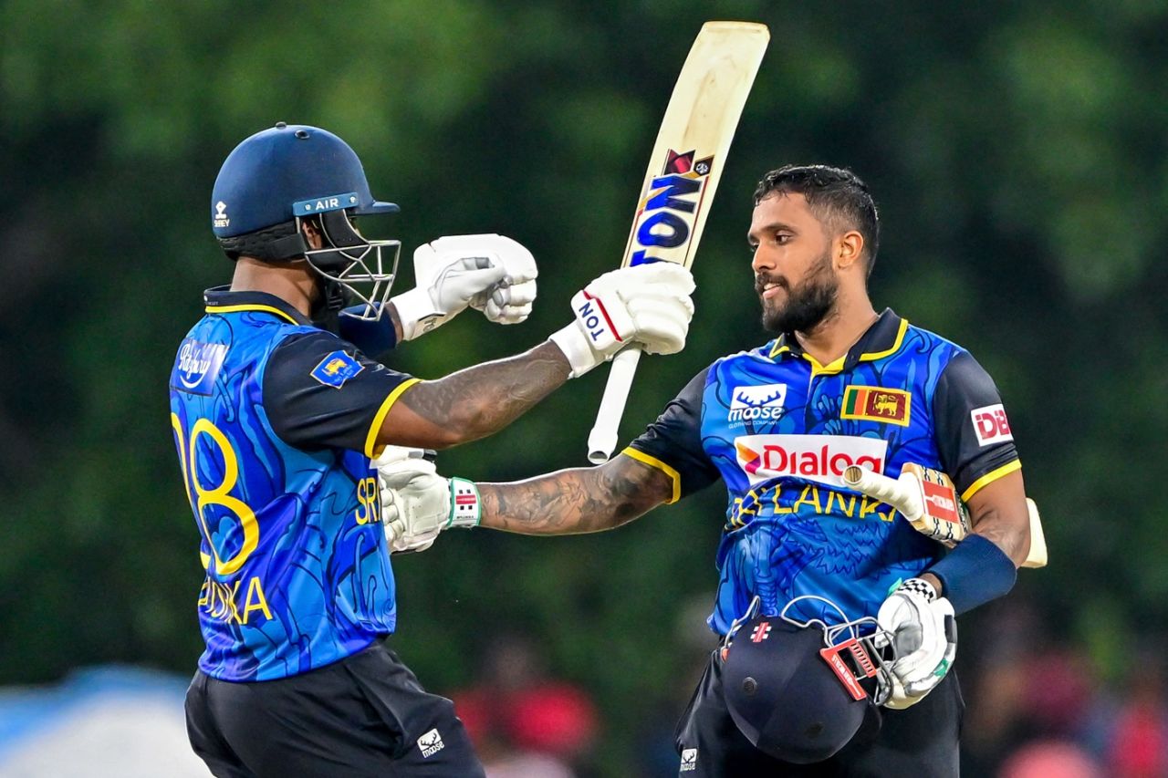 Kusal Mendis celebrates his century with Avishka Fernando, Sri Lanka vs New Zealand, 1st ODI, Dambulla, November 13, 2024