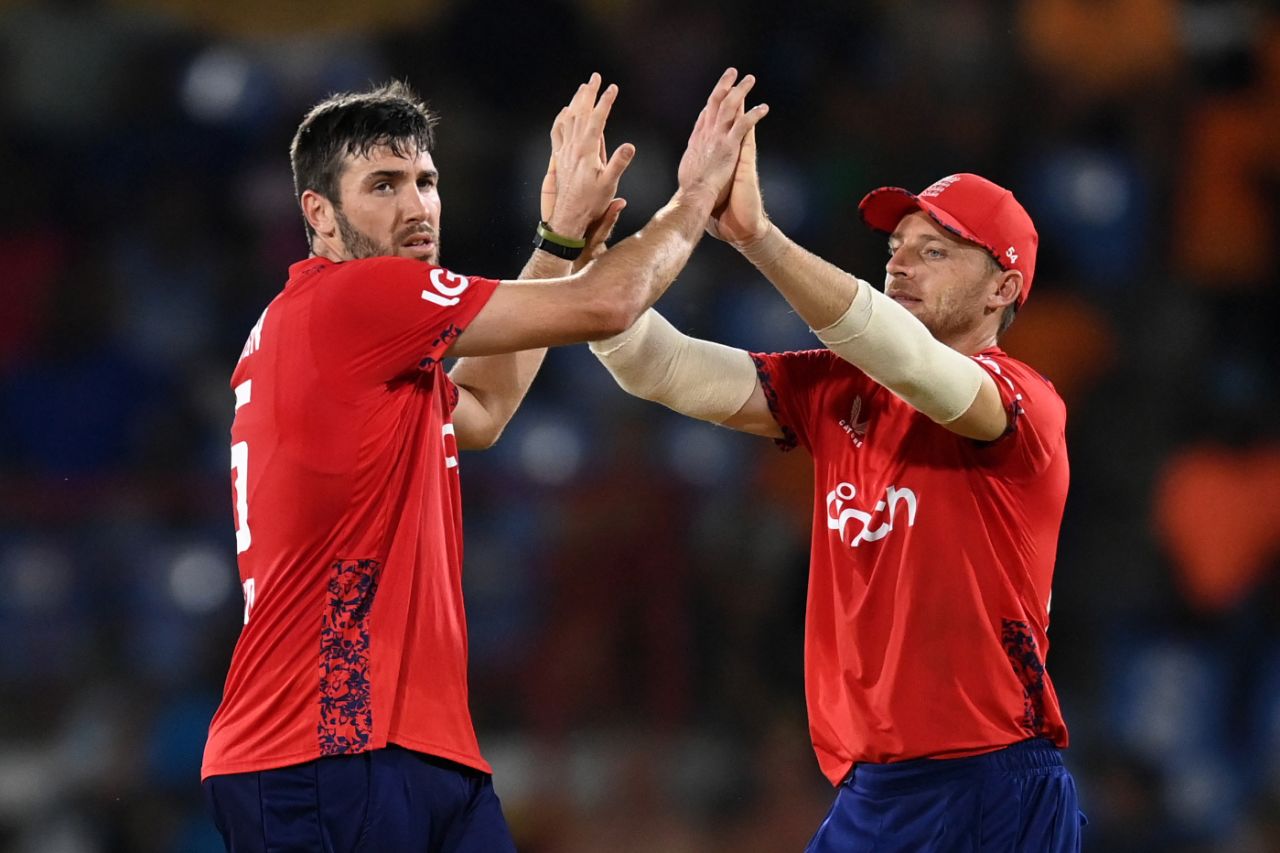 Jamie Overton celebrates with Jos Buttler after another wicket, West Indies vs England, 3rd T20I, Gros Islet, November 14, 2024