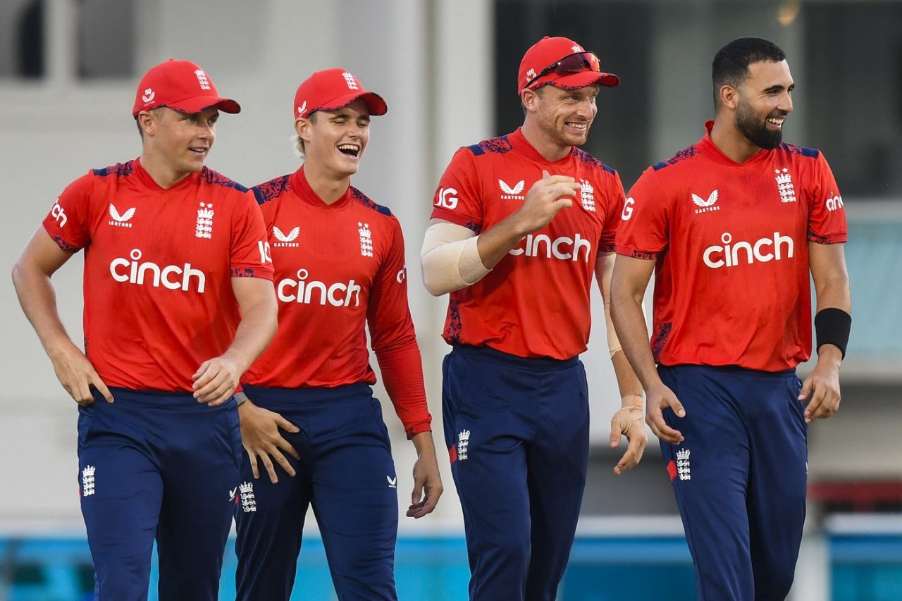 Saqib Mahmood celebrates Evin Lewis' wicket with his team-mates, West Indies vs England, 3rd T20I, Gros Islet, November 14, 2024