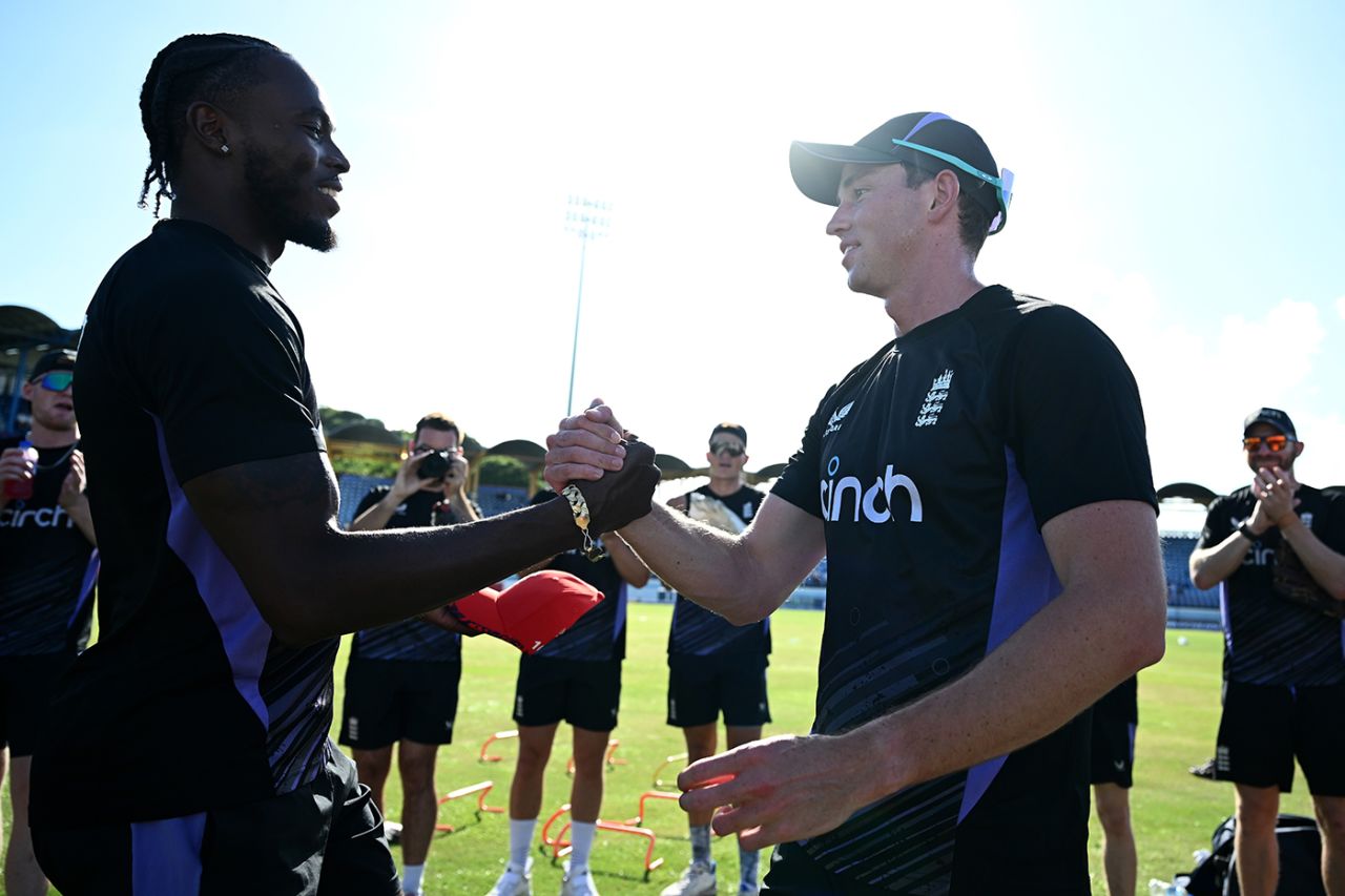 Jofra Archer presents John Turner with his cap on T20I debut, West Indies vs England, 4th T20I, Gros Islet, November 16, 2024