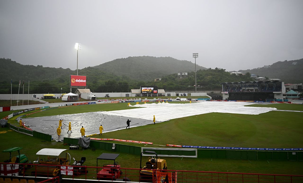 Ground staff bring on the covers as rain stops play, West Indies vs England, 5th T20I, Saint Lucia, November 17, 2024