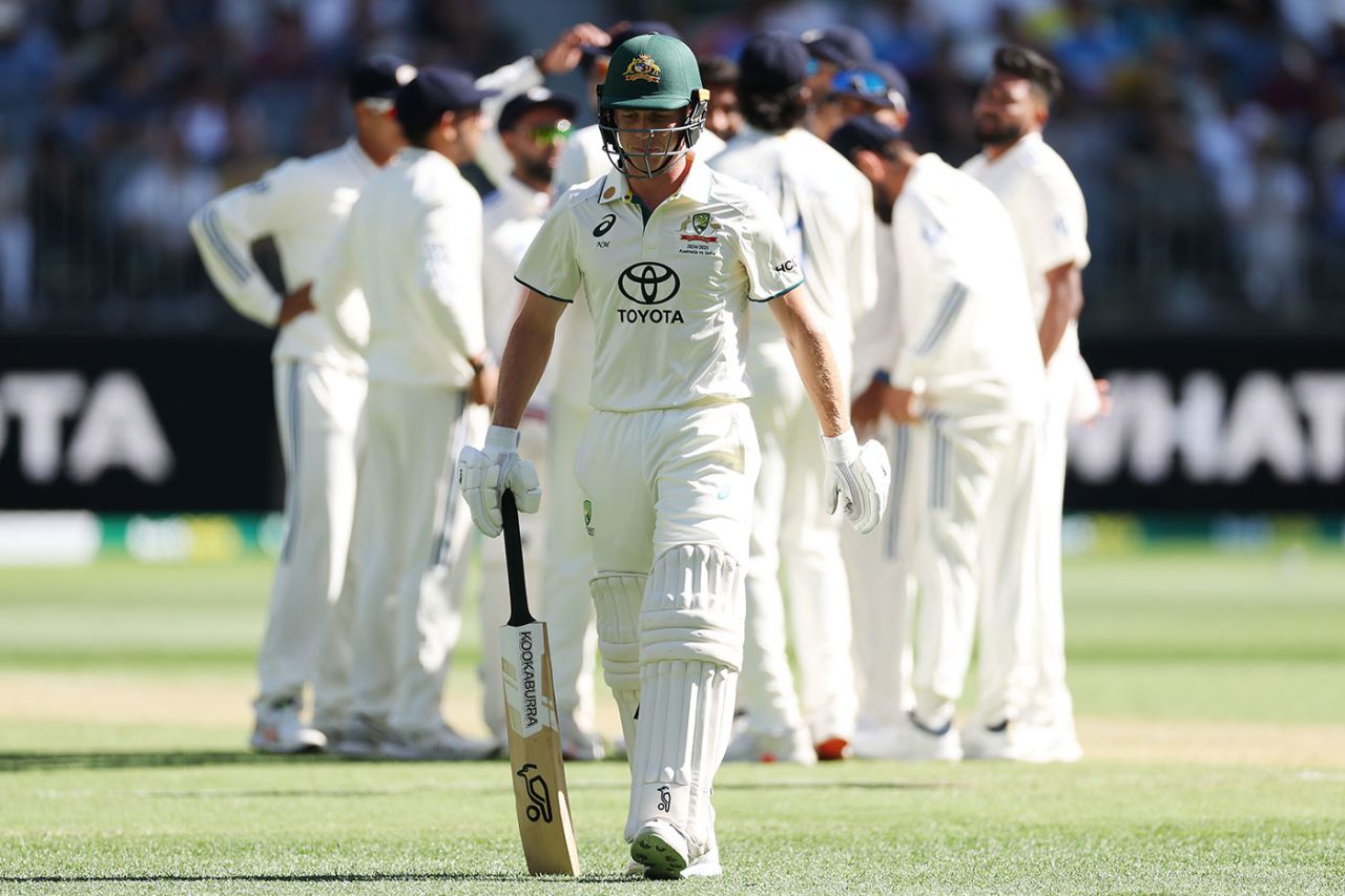 Nathan McSweeney was lbw to Jasprit Bumrah in his debut innings, Australia vs India, 1st Test, Perth, 1st day, November 22, 2024