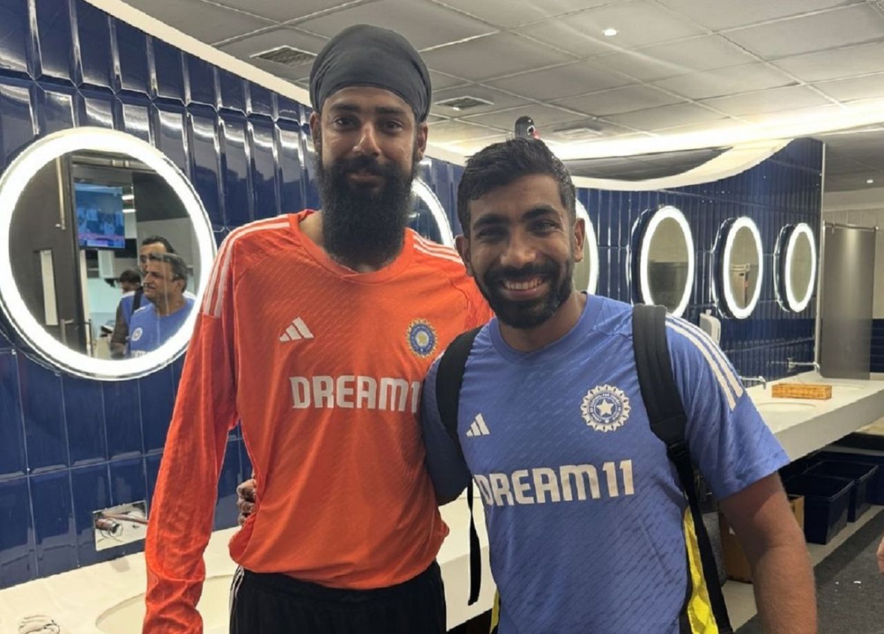 Gurjapneet Singh poses with Jasprit Bumrah at Chepauk, Chennai, September 18, 2024