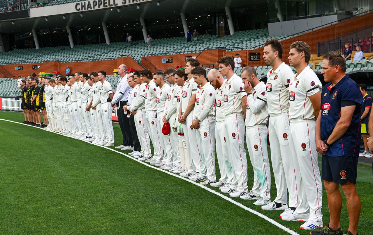 South Australia and Western Australia line up to honour Phillip Hughes, South Australia vs Western Australia, Sheffield Shield, Adelaide Oval, November 23, 2024
