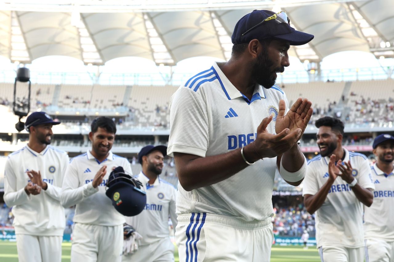 Jasprit Bumrah leads a happy bunch of players out, Australia vs India, 1st Test, Perth, 3rd day, November 24, 2024