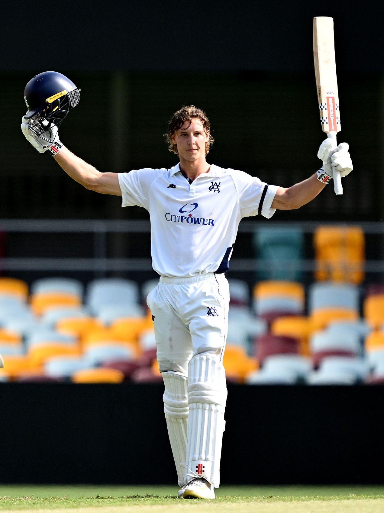 Campbell Kellaway celebrates his maiden first-class century, Queensland vs Victoria, Sheffield Shield, Gabba, November 26, 2024