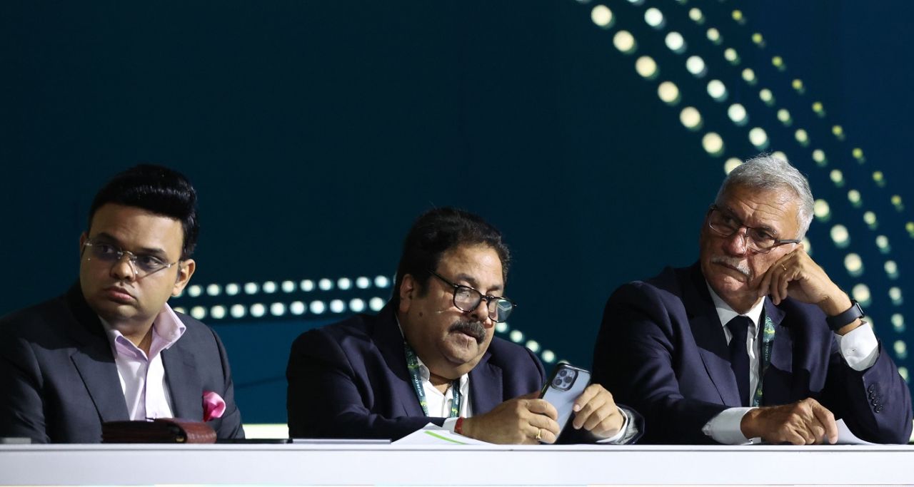 Jay Shah, Rajeev Shukla and Roger Binny at the auction