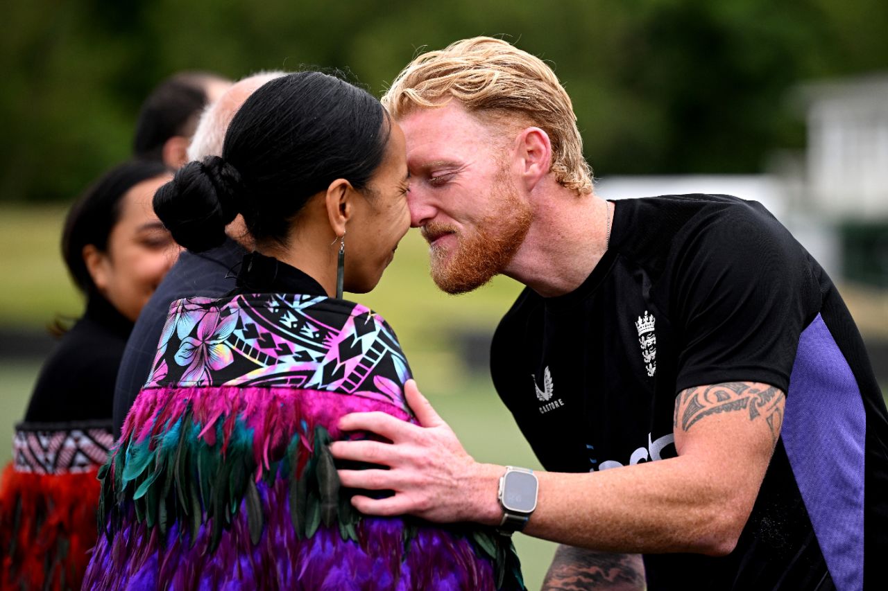 Ben Stokes has a hongi with a Ngāi Tahu member at Hagley Oval, New Zealand vs England, 1st Test, Christchurch, training session, November 26, 2024