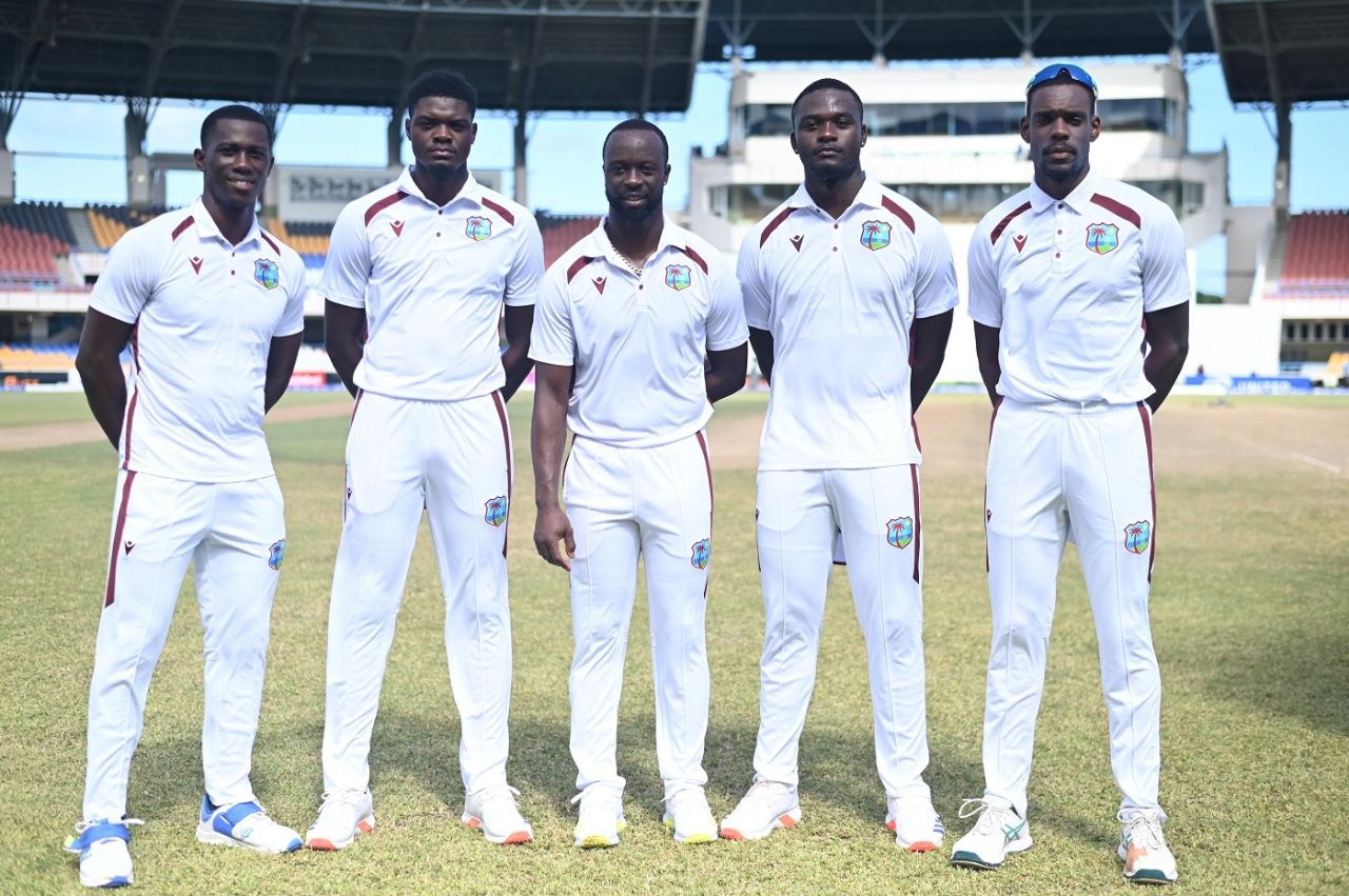 Shamar Joseph, Alzarri Joseph, Kemar Roach, Jayden Seales and Justin Greaves strike a pose, West Indies vs Bangladesh, 1st Test, North Sound, 5th day, November 26, 2024