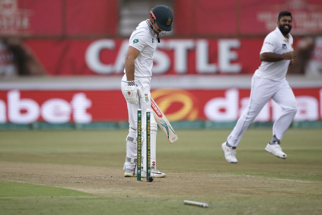 Lahiru Kumara makes a mess of David Bedingham's stumps, South Africa vs Sri Lanka, 1st Test, 1st day, Durban, November 27, 2024