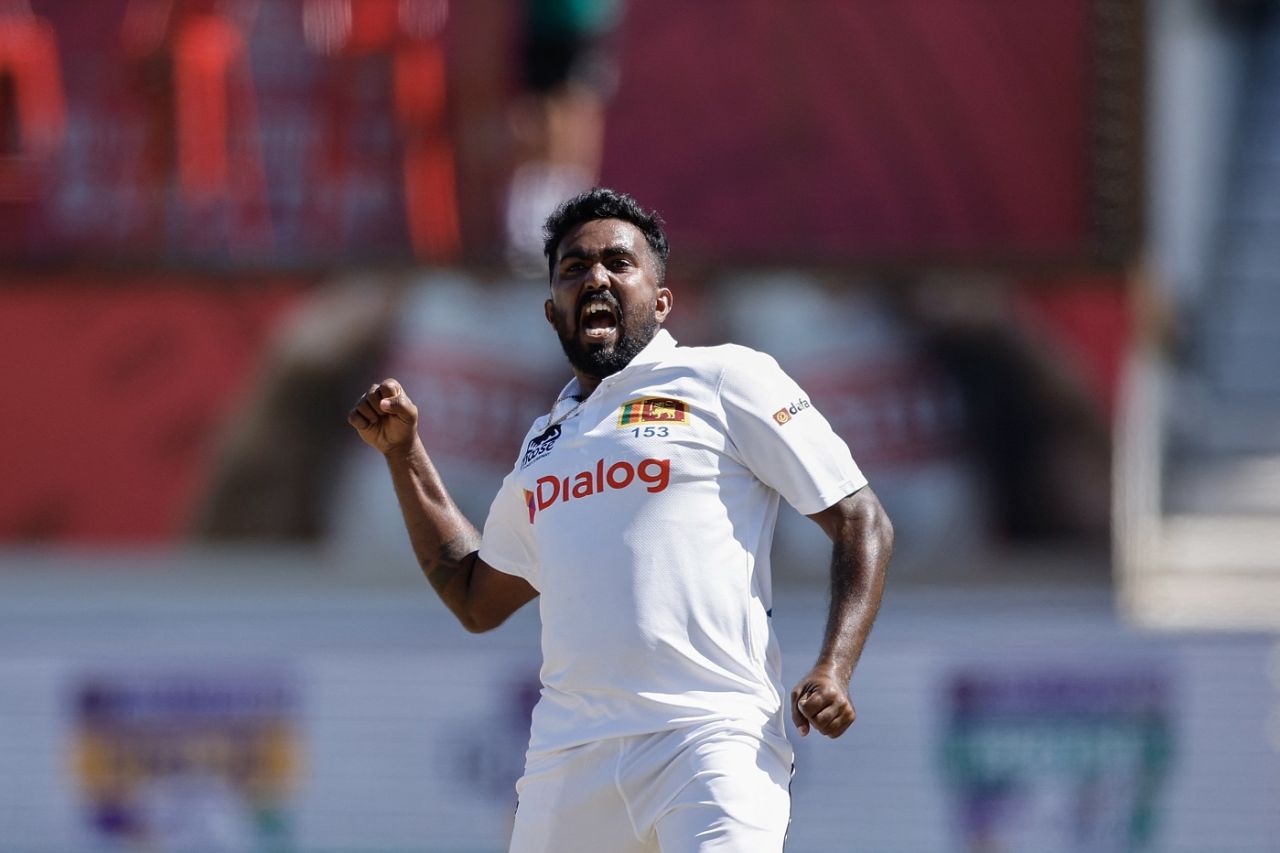Asitha Fernando celebrates the dismissal of Temba Bavuma, South Africa vs Sri Lanka, 1st Test, Durban, 3rd day, November 29, 2024