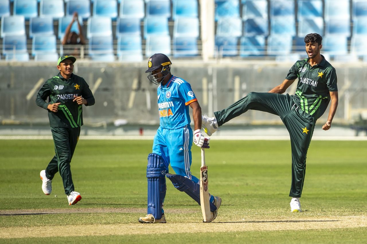 Abdul Subhan celebrates the wicket of Ayush Mhatre , India vs Pakistan, Under-19s Asia Cup, Dubai, November 30, 2024