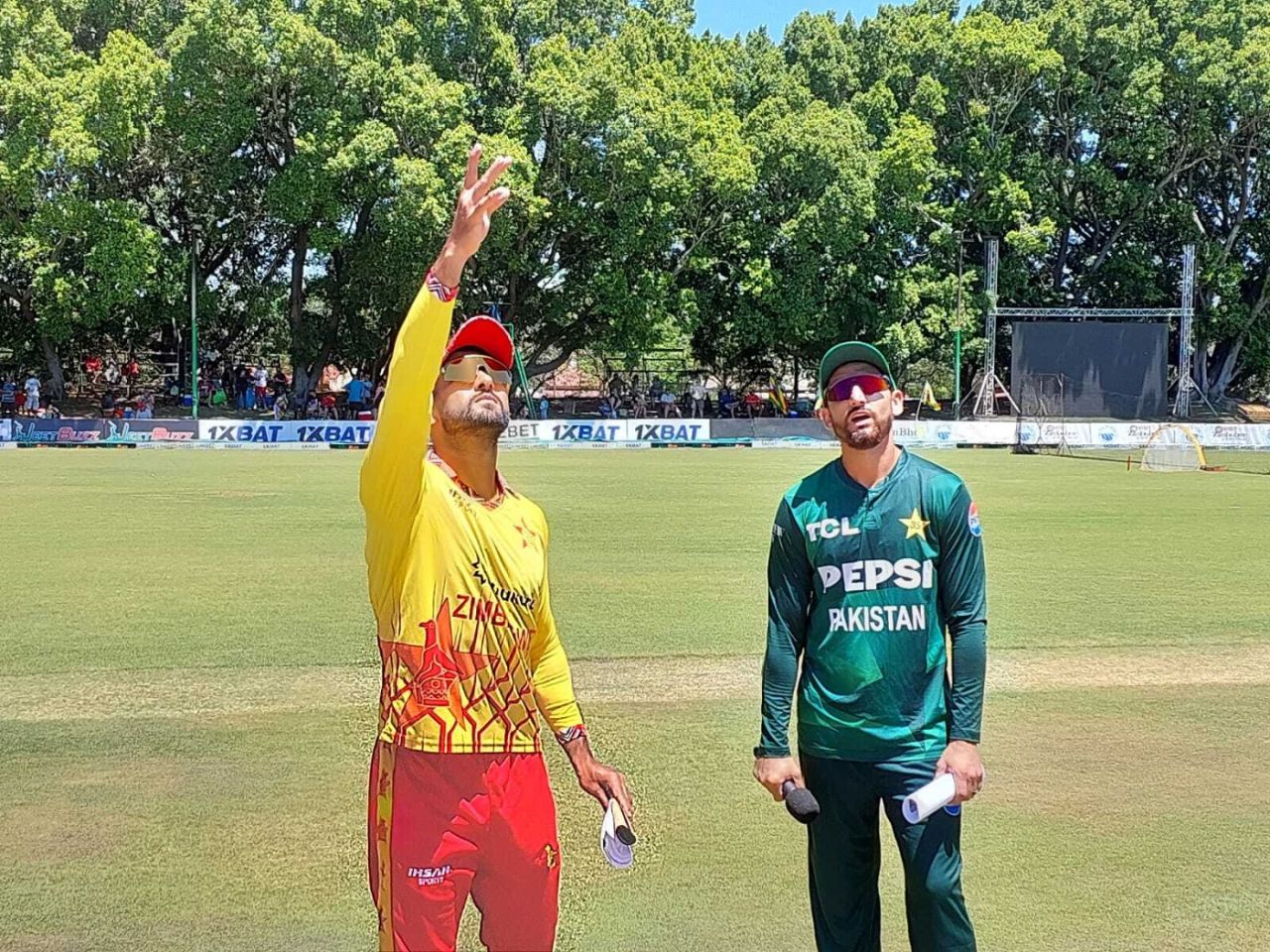 Sikandar Raza and Salman Agha at the toss, Zimbabwe vs Pakistan, 1st T20I, Bulawayo, December 1, 2024