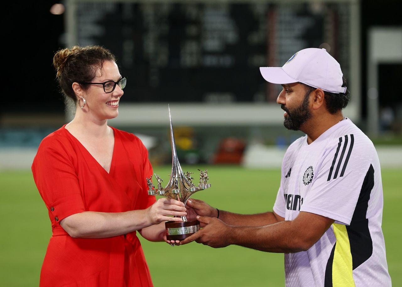 Rohit Sharma was presented with a trophy after India won the tour game, Prime Minister's XI vs Indians, Canberra, December 1, 2024