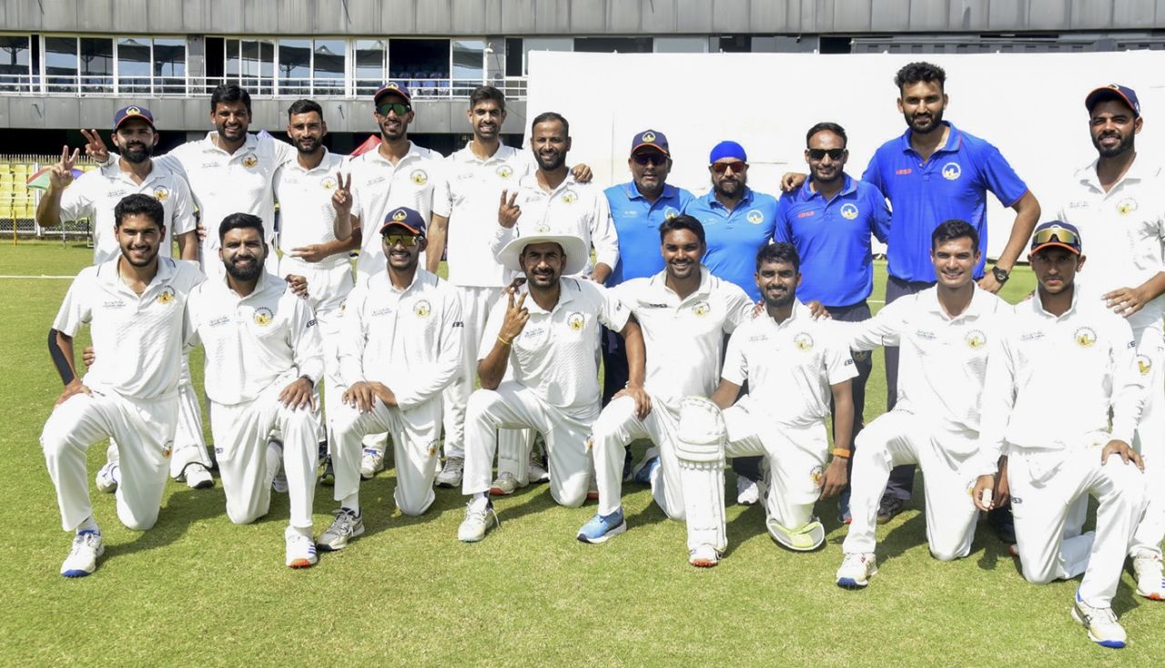 The Chandigarh players pose after their win, Assam vs Chandigarh, 4th day, Guwahati, Ranji Trophy, October 21, 2024