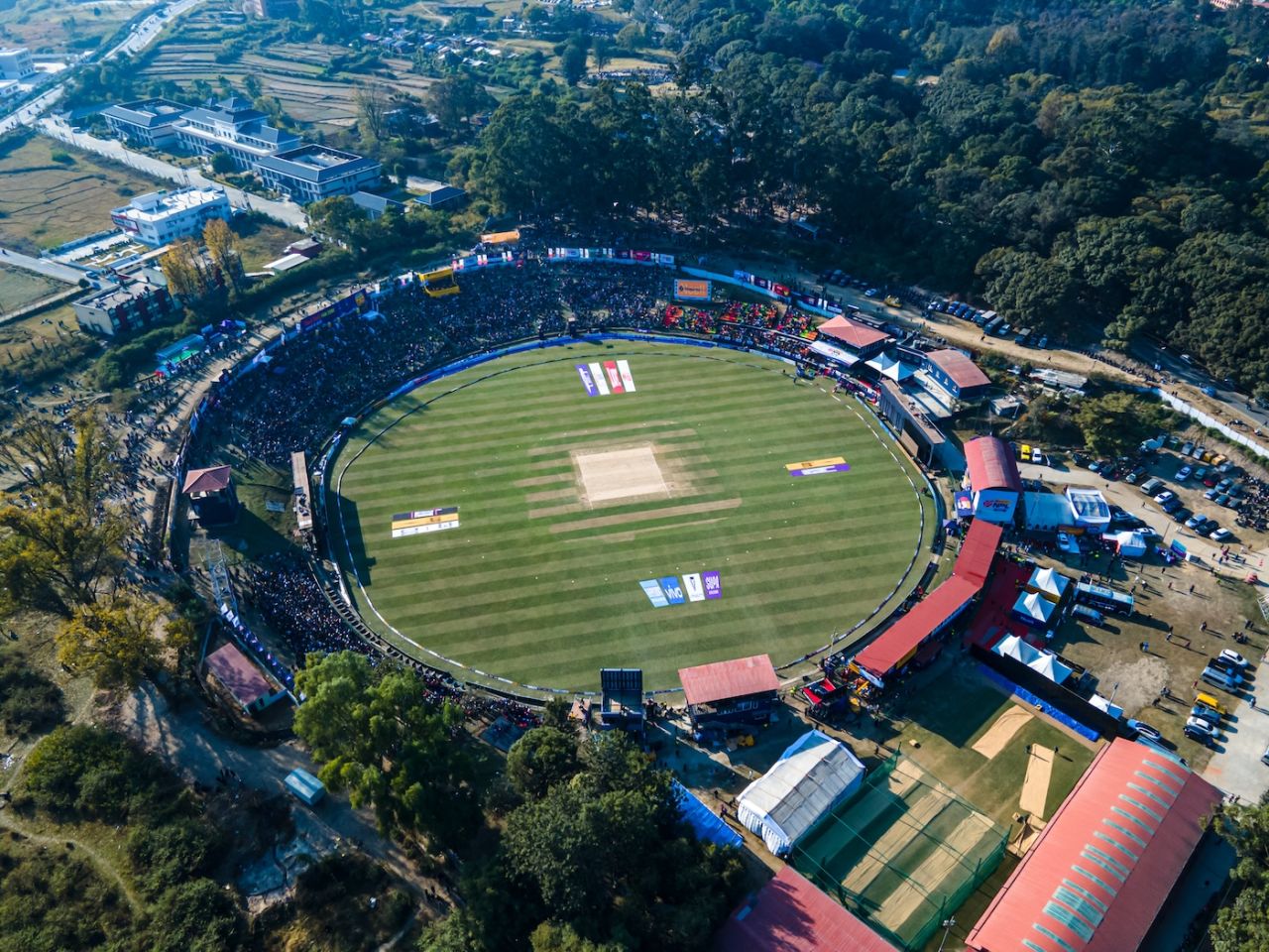 An aerial view of the Kirtipur Cricket Ground, Nepal Premier League 2024, Kathmandu, December 2, 2024