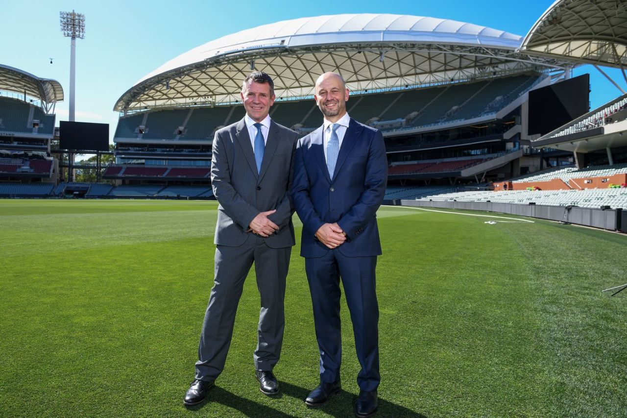 Cricket Australia chair Mike Baird (left) with newly appointed CEO Todd Greenberg (right) at Adelaide Oval