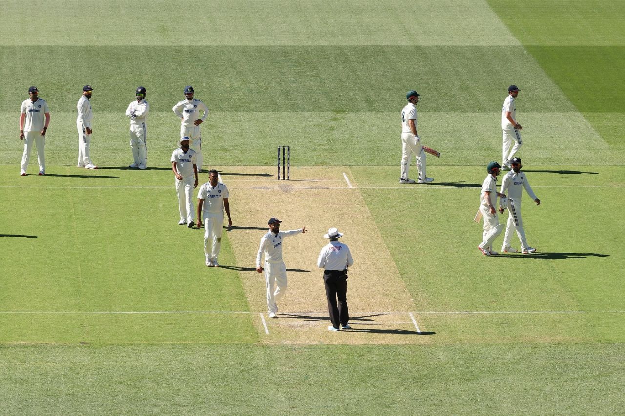 Virat Kohli has a chat with umpire Richard Illingworth after a DRS challenge against Mitchell Marsh, Australia vs India, 2nd Test, Adelaide, 2nd day, December 7, 2024
