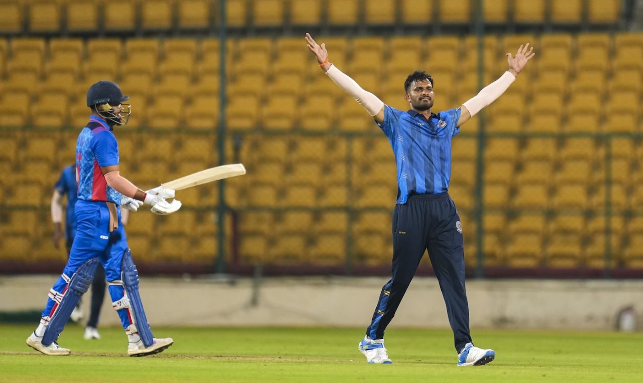 Kodavandla Sudharsan is thrilled after dismissing Karan Sharma, Andhra vs Uttar Pradesh, Syed Mushtaq Ali Trophy, pre-quarter-final, Bengaluru, December 9, 2024