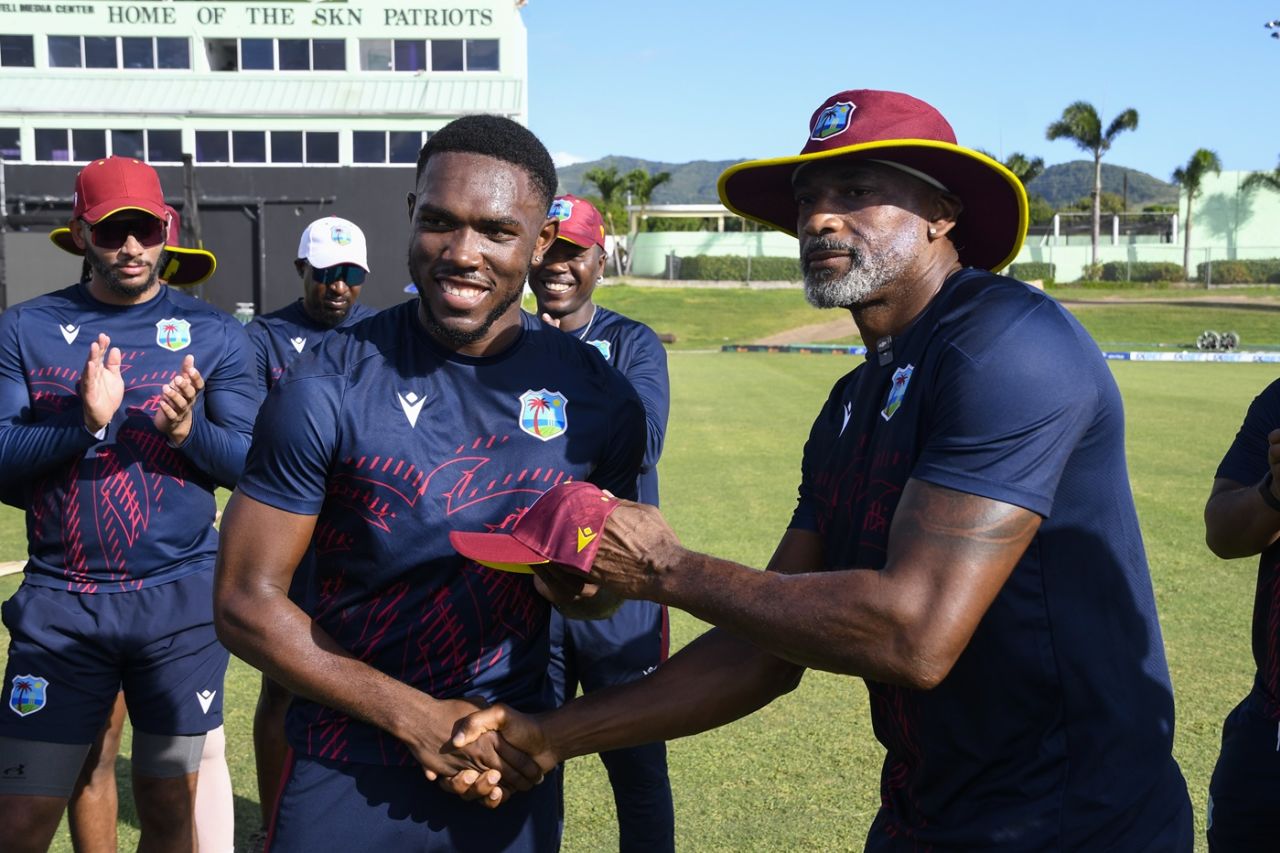 Fast bowler Jediah Blades receives his ODI cap, West Indies vs Bangladesh, 3rd ODI, Basseterre, St Kitts, December 12, 2024