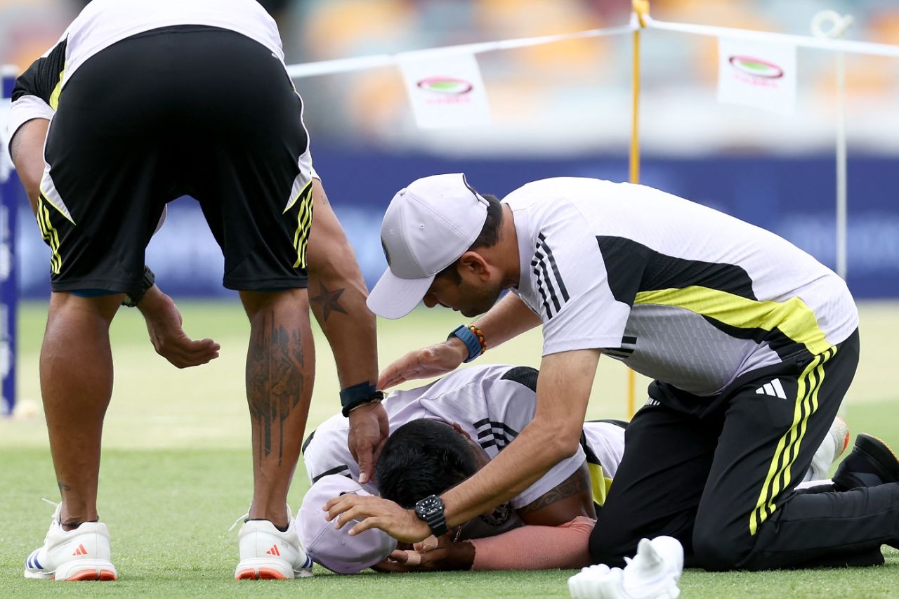 Nuwan Seneviratne, part of India's support staff, took a blow to the side of his head during training before the second day's play, Australia vs India, 3rd Test, Brisbane, 2nd day, December 15, 2024