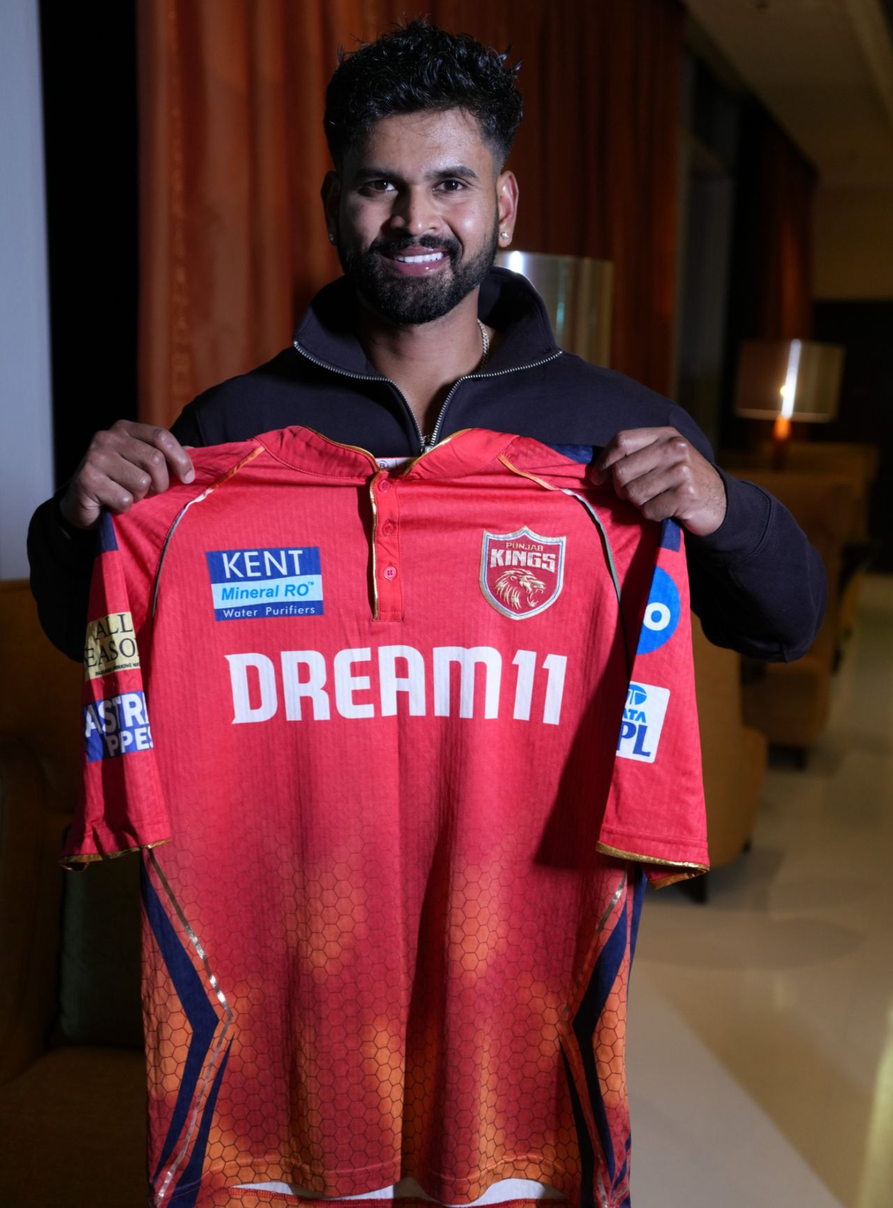 Punjab Kings' new recruit Shreyas Iyer shows off his jersey, December 21, 2024