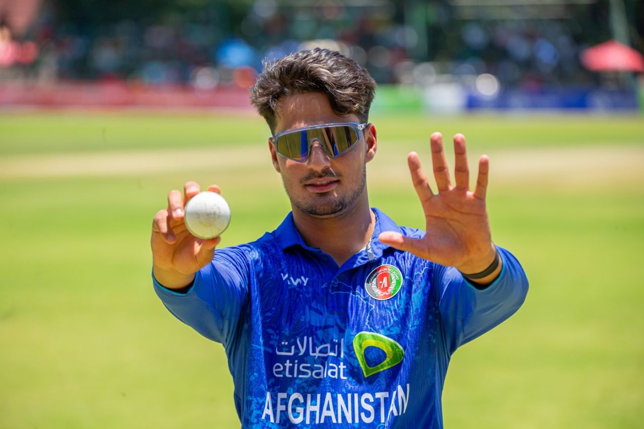 AM Ghazanfar holds up the match ball after his five-for, Zimbabwe vs Afghanistan, 3rd ODI, Harare, December 21, 2024