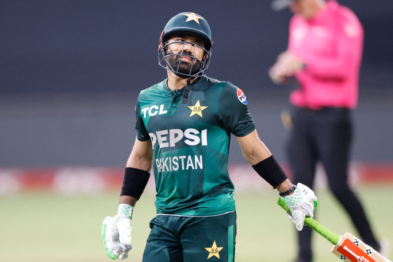 Mohammad Rizwan grimaces after holing out to midwicket, South Africa vs Pakistan, 3rd ODI, Johannesburg, December 22, 2024