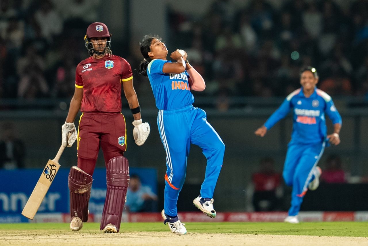 Titas Sadhu took a smart catch on the followthrough, India vs West Indies, 2nd ODI, Vadodara, December 24, 2024