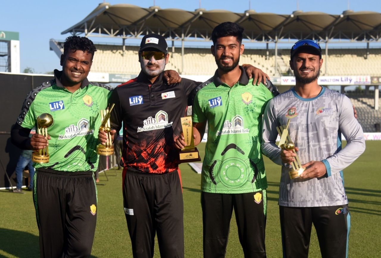 From L to R: Alauddin Babu, Mohammad Naim, Mukidul Islam and Abu Hider with their respective trophies, NCL T20s 2024-25, Sylhet, December 24, 2024