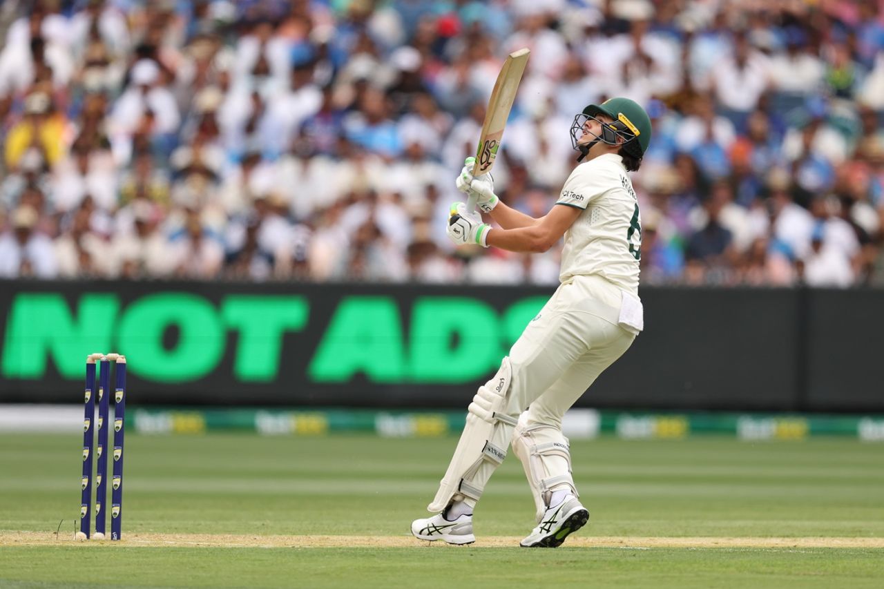 Sam Konstas watches a ball he reverse-scooped go all the way, Australia vs India, 4th Test, Day 1, Melbourne, ICC World Test Championship, December 26, 2024