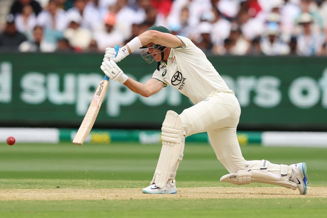 Marnus Labuschagne leans forward into a drive, Australia vs India, 4th Test, Day 1, Melbourne, ICC World Test Championship, December 26, 2024