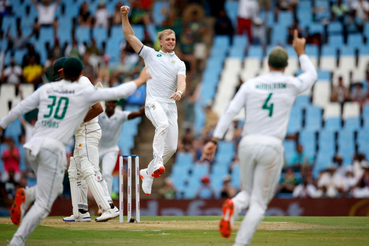 Corbin Bosch exults after bagging Shan Masood with his first ball in Tests, South Africa vs Pakistan, 1st Test, Centurion, 1st day, December 26, 2024