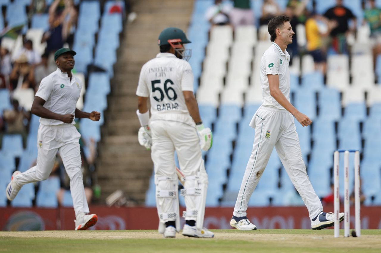 Marco Jansen has a sheepish smile after dismissing Babar Azam, South Africa vs Pakistan, 1st Test, Centurion, 3rd day, December 28, 2024