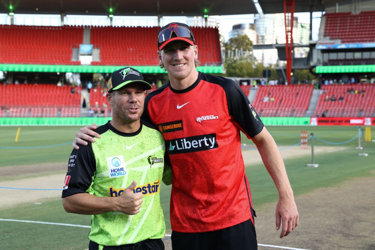David Warner and Will Sutherland at the toss, Sydney Thunder vs Melbourne Renegades, BBL, Sydney, December 30, 2024