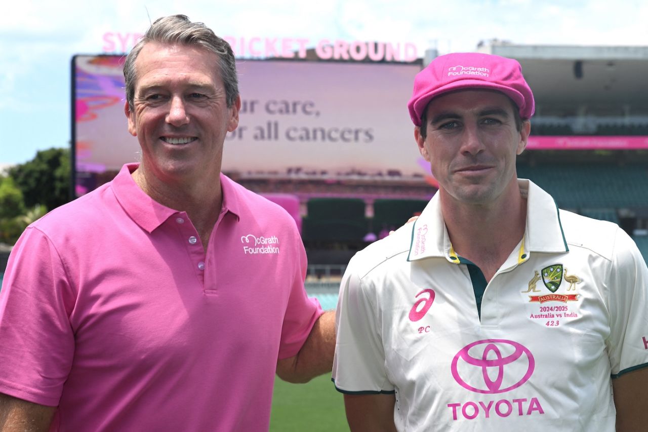 Glenn McGrath and Pat Cummins wear their fundraiser colours, Australia vs India, 5th Test, Sydney, January 1, 2025