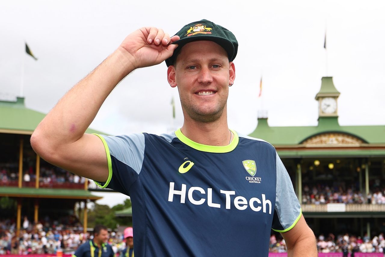Beau Webster strikes a pose in his Test cap, Australia vs India, 5th Test, Sydney, 1st day, January 3, 2025