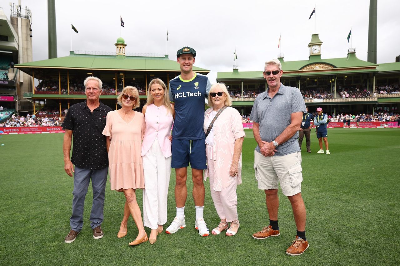 Beau Webster poses with his family members after getting the Test cap, Australia vs India, 5th Test, Sydney, 1st day, January 3, 2025