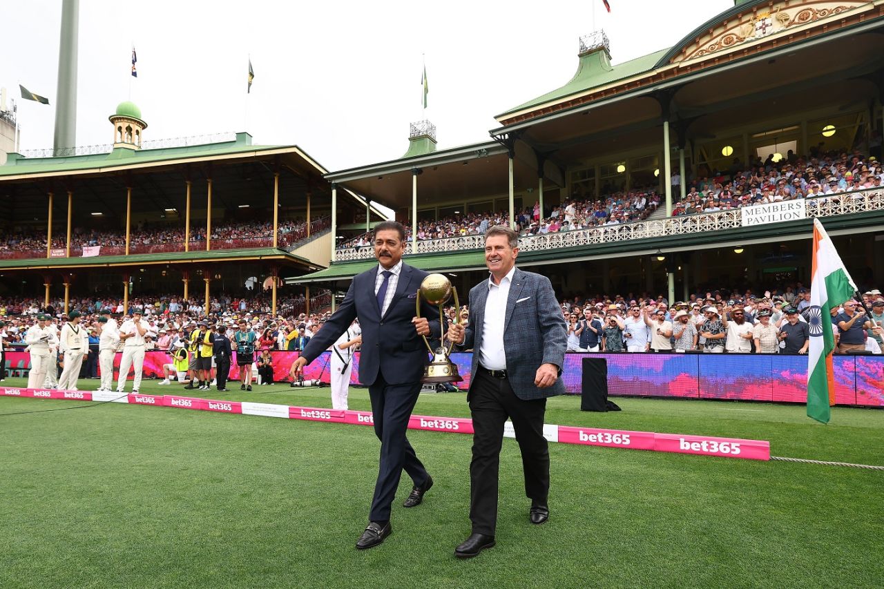 Ravi Shastri and Mark Taylor carry the Border-Gavaskar Trophy, Australia vs India, 5th Test, Sydney, 1st day, January 3, 2025
