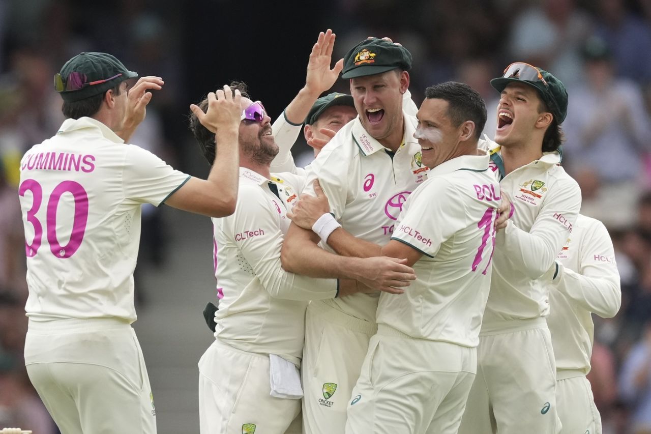 Beau Webster and Scott Boland are congratulated by their team-mates, Australia vs India, 5th Test, Sydney, 1st day, January 3, 2025