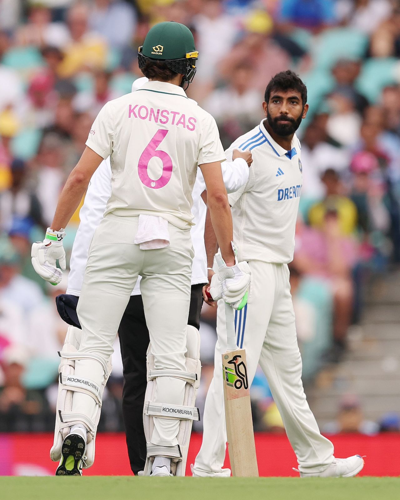 The umpire had to intervene as Jasprit Bumrah had another go at Sam Konstas, Australia vs India, 5th Test, Sydney, 1st day, January 3, 2024