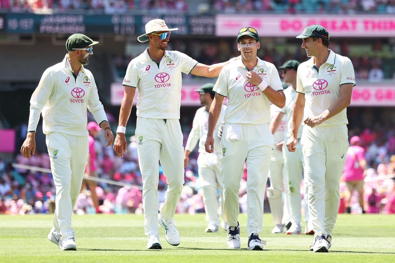 Australia's bowling quartet - Nathan Lyon, Mitchell Starc, Scott Boland and Pat Cummins - walk back after India's innings, Australia vs India, 5th Test, Sydney, Day 3, January 5, 2024