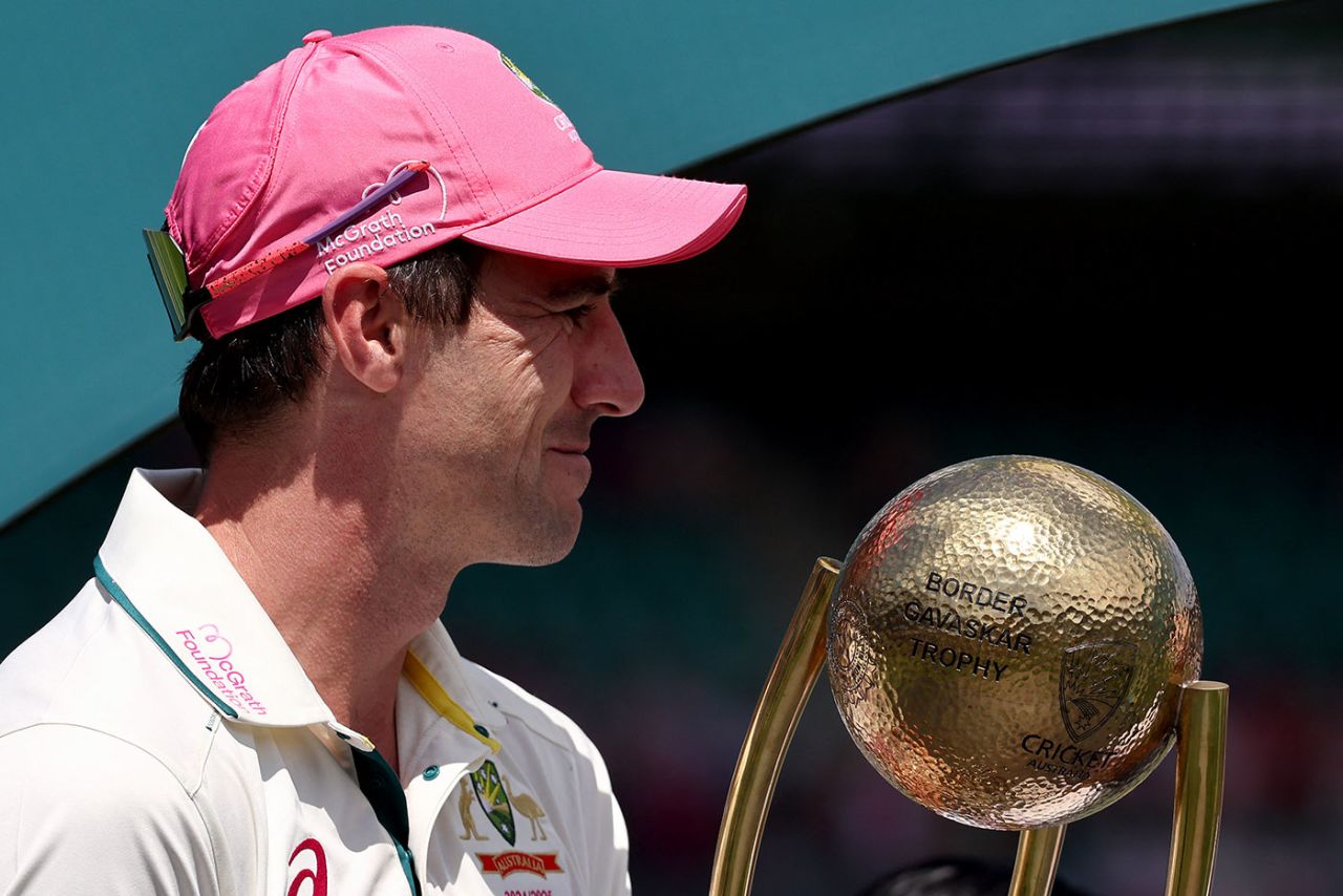 Job done: Pat Cummins with the Border-Gavaskar Trophy, Australia vs India, 5th Test, Sydney, 3rd day, January 5, 2024